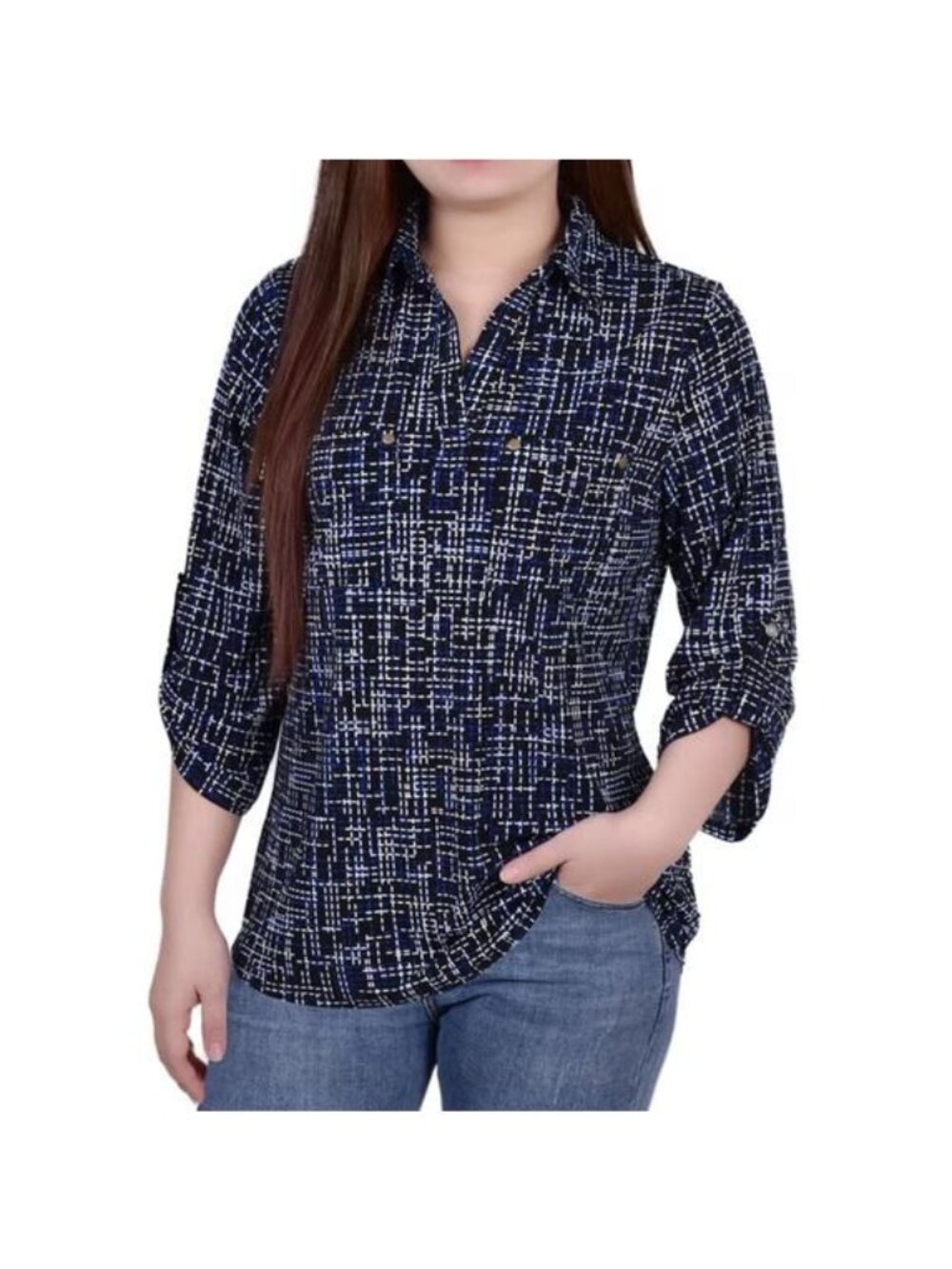 NY Collection Womens Petite Printed Collar Blouse Knit Blue Sizw PL NWT